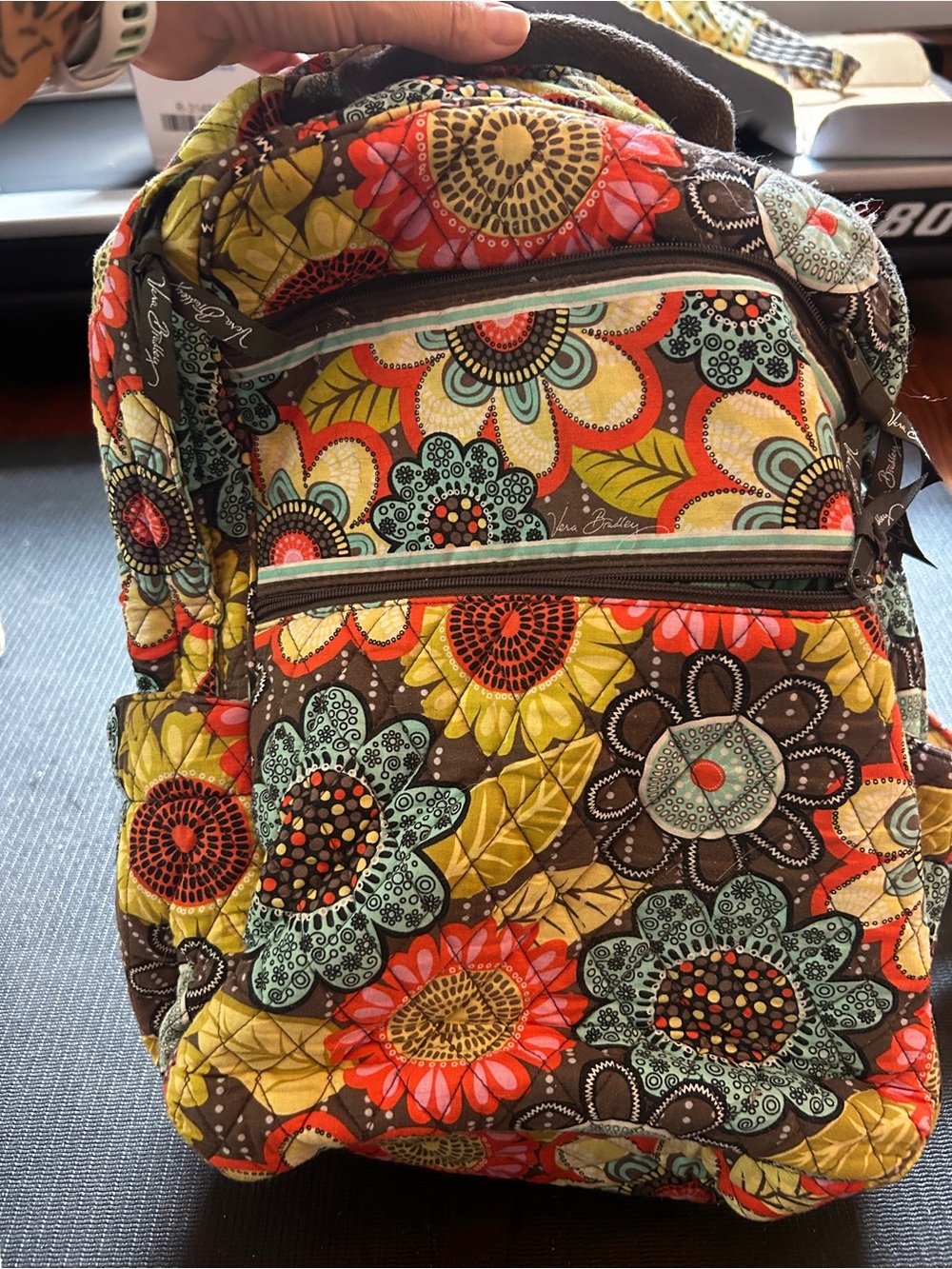 Vera Bradley Quilted Floral Backpack in Brown, Orange, Yellow and Teal